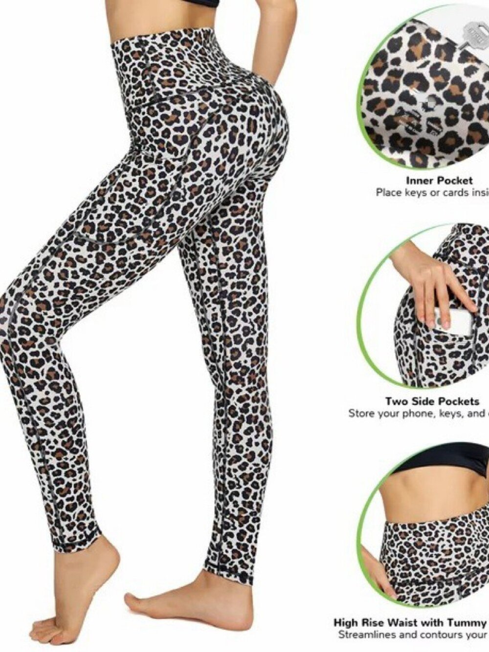 Women's Poly Spandex Tummy Control Yoga Leggings w/Pockets Leopard S-XL